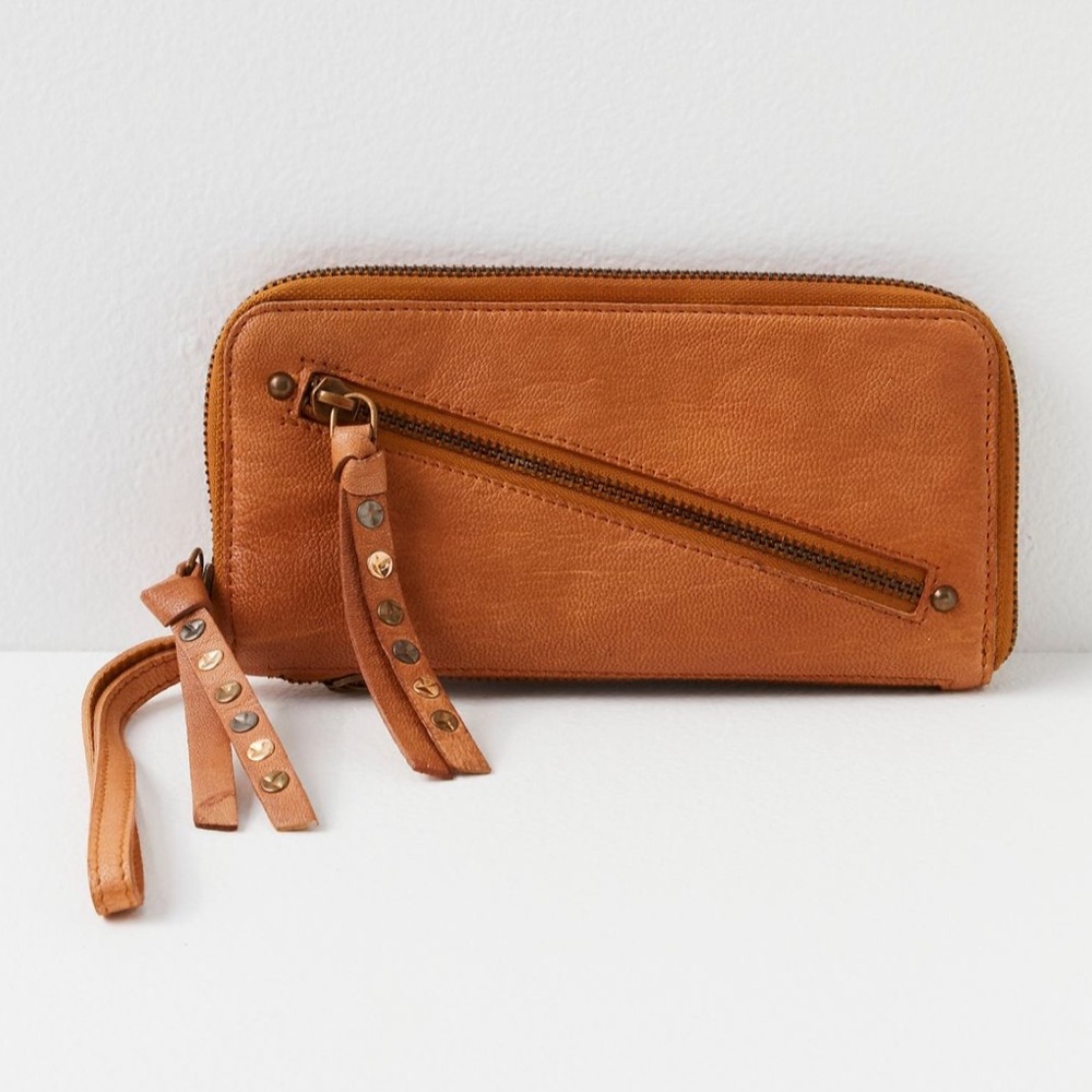 NWT Free People Distressed Wallet Wristlet Faux-Leather Brown Slim Studs Vegan